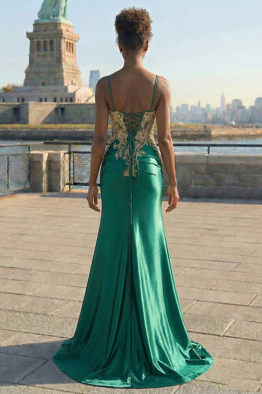 Sparkly Floral Dark Green Mermaid Satin Long Corset Prom Dress with Slit