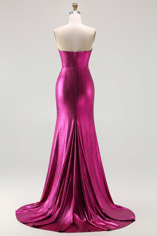 Sparkly Fuchsia Beaded Mermaid Long Corset Prom Dress