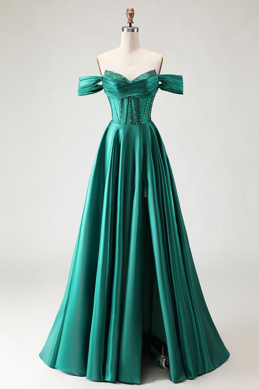 Sparkly Dark Green A Line Beaded Long Corset Prom Dress with Slit
