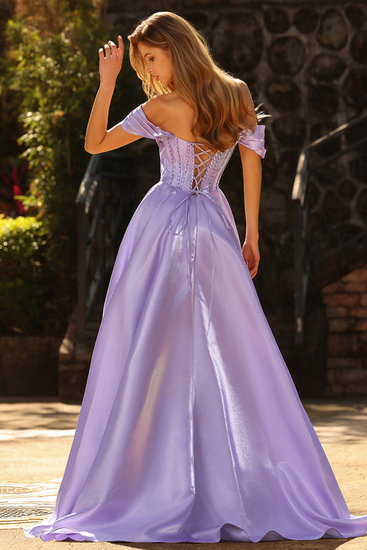 Sparkly Purple Satin Beaded A Line Long Corset Prom Dress with Slit