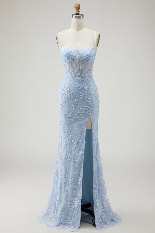 Sparkly Blue Beaded Mermaid Corset Floral Long Prom Dress with Slit