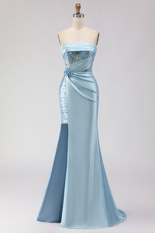 Sparkly Blue Satin Mermaid Beaded Long Corset Prom Dress with Slit