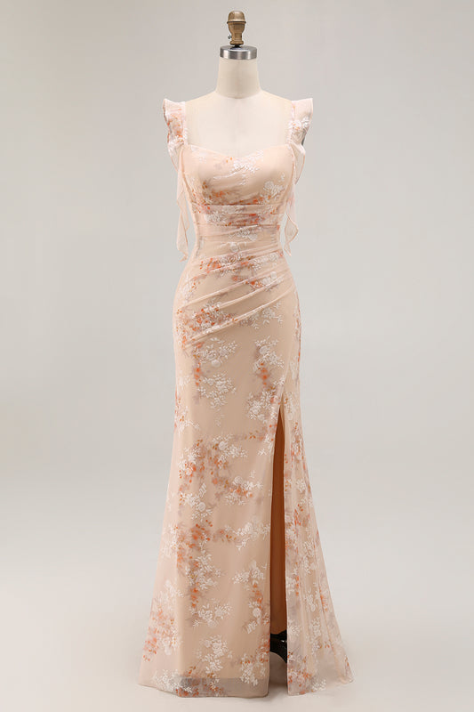 Champagne Mermaid Floral Long Bridesmaid Dress with Slit