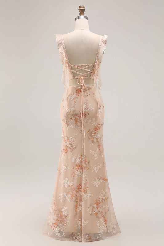 Champagne Mermaid Floral Long Bridesmaid Dress with Slit