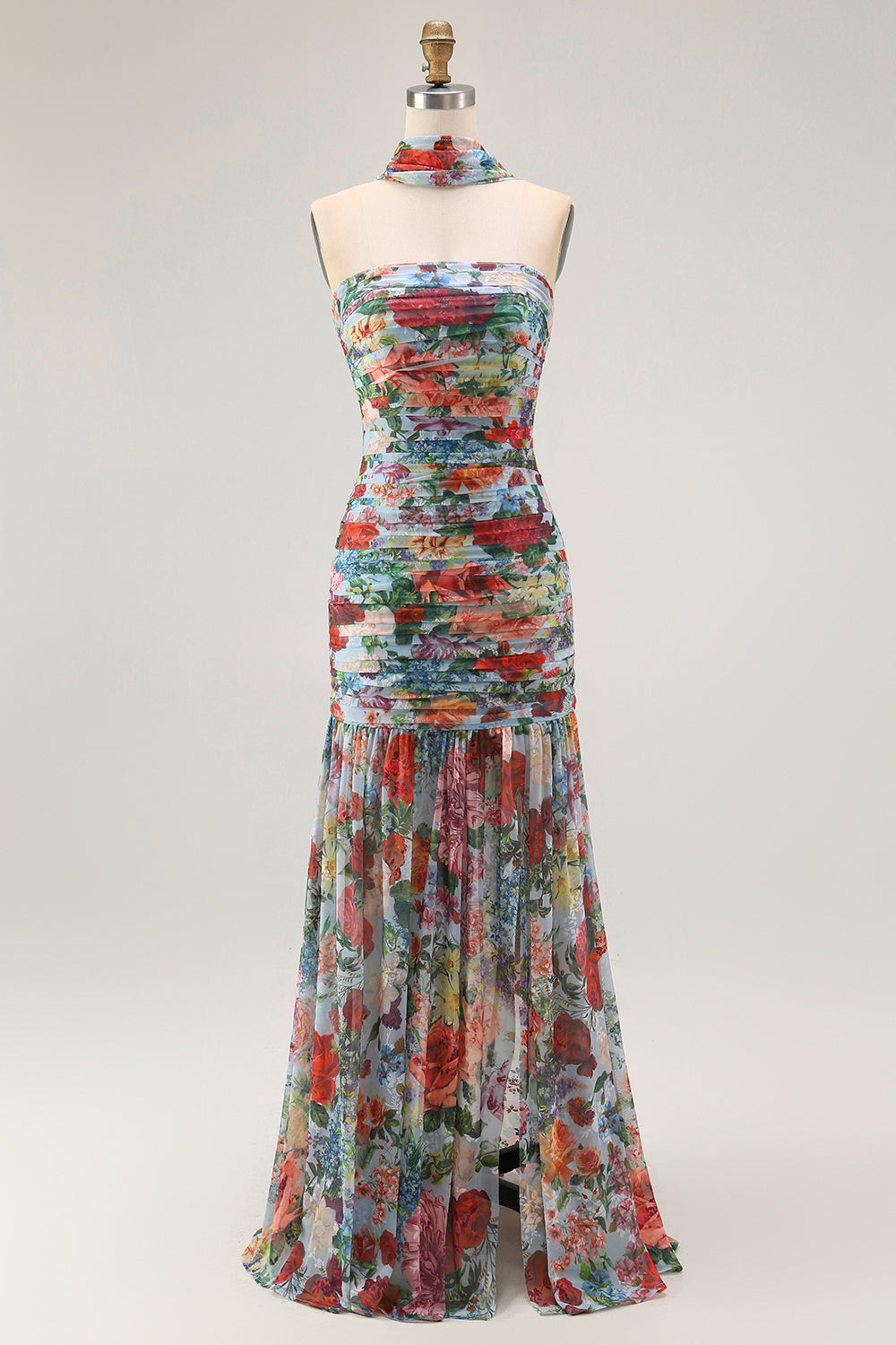 Zapakasa Women Blue Red Floral Long Wedding Guest Dress with Slit Neck Scarf Ruched Bridesmaid Dress Zapakasa Women Blue Red Floral Long Wedding Guest Dress with Slit Neck Scarf Ruched Bridesmaid Dress