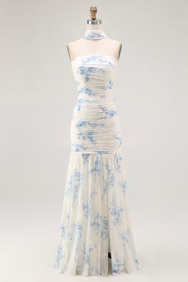 White Blue Neck Scarf Floral Long Bridesmaid Dress with Slit