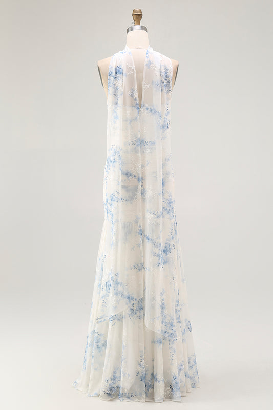 White Blue Neck Scarf Floral Long Bridesmaid Dress with Slit
