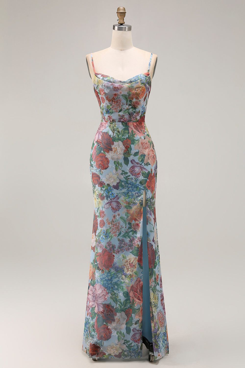 Blue Floral Spaghetti Straps Long Wedding Guest Dress with Slit Blue Floral Spaghetti Straps Long Wedding Guest Dress with Slit