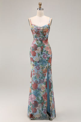 Blue Floral Spaghetti Straps Long Wedding Guest Dress with Slit