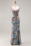 Blue Floral Spaghetti Straps Long Wedding Guest Dress with Slit Blue Floral Spaghetti Straps Long Wedding Guest Dress with Slit
