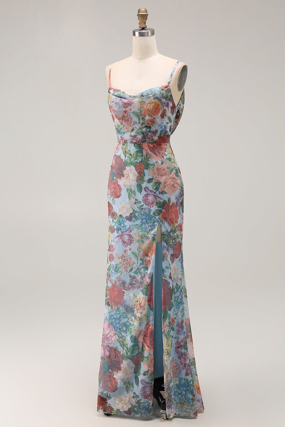 Blue Floral Spaghetti Straps Long Wedding Guest Dress with Slit Blue Floral Spaghetti Straps Long Wedding Guest Dress with Slit