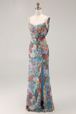 Blue Floral Spaghetti Straps Long Wedding Guest Dress with Slit Blue Floral Spaghetti Straps Long Wedding Guest Dress with Slit