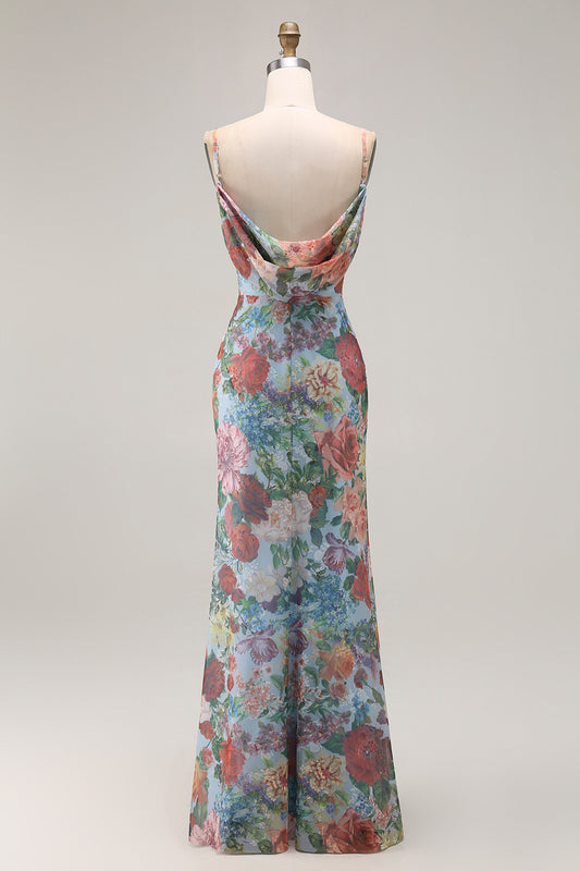 Blue Floral Spaghetti Straps Long Wedding Guest Dress with Slit