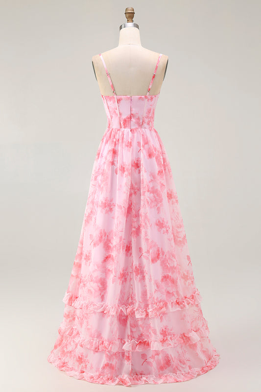 Pink Floral Corset A Line Long Bridesmaid Dress with Slit