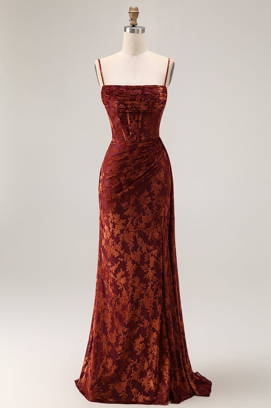 Zapakasa Women Burgundy Corset Velvet Long Wedding Guest Dress with Slit Spaghetti Straps Mermaid Floral Bridesmaid Dress with Side Cape