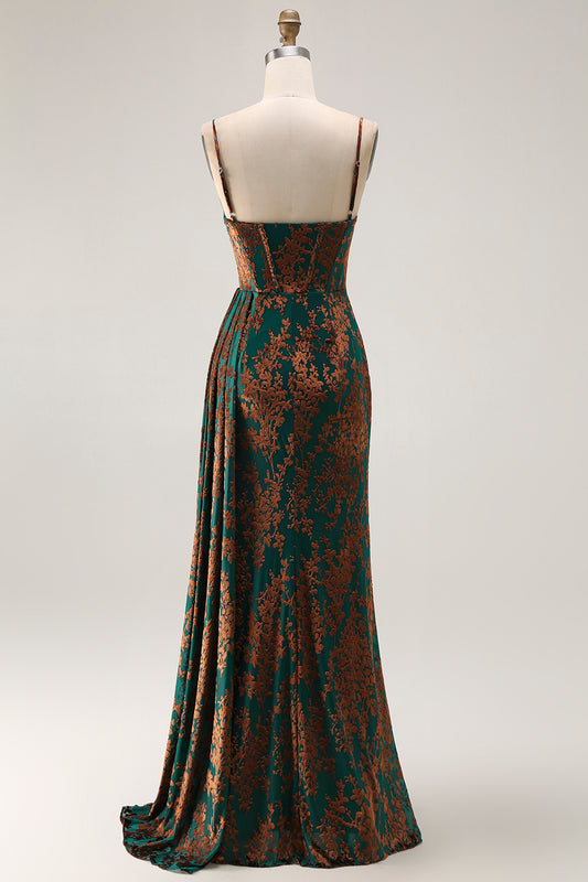 Dark Green Corset Velvet Floral Long Wedding Guest Dress with Side Cape