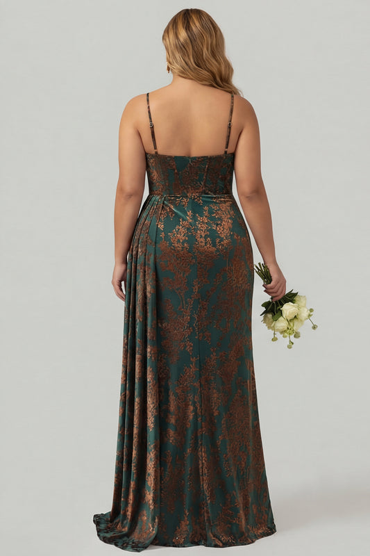 Plus Size Dark Green Corset Velvet Floral Long Wedding Guest Dress with Side Cape