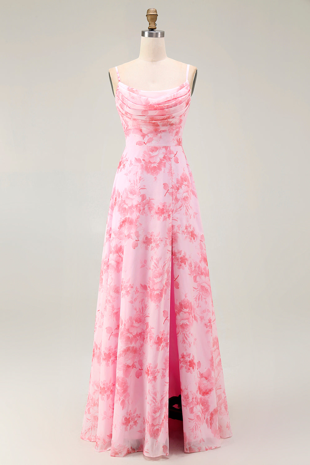 Zapakasa Women Pink Floral Long Bridesmaid Dress with Slit Chiffon A Line Cowl Lace Up Back Wedding Guest Dress Zapakasa Women Pink Floral Long Bridesmaid Dress with Slit Chiffon A Line Cowl Lace Up Back Wedding Guest Dress