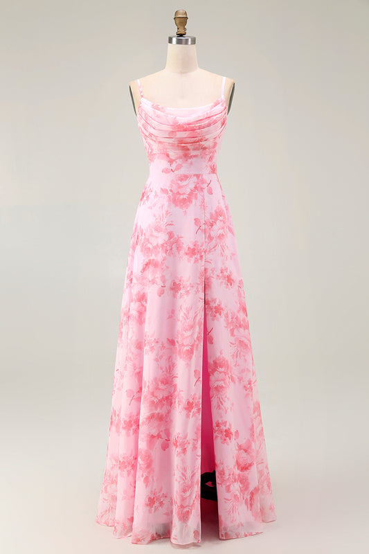 Pink Floral A Line Cowl Neck Long Bridesmaid Dress with Slit