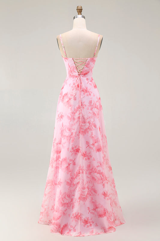 Pink Floral A Line Cowl Neck Long Bridesmaid Dress with Slit