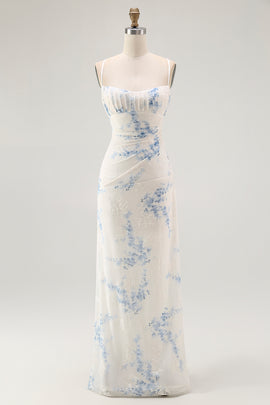 White Blue Floral Spaghetti Straps Sheath Long Bridesmaid Dress