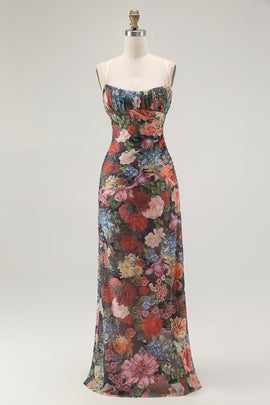 Black Sheath Floral Spaghetti Straps Long Wedding Guest Dress