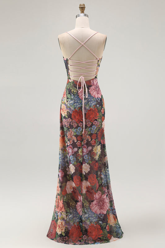 Black Sheath Floral Spaghetti Straps Long Wedding Guest Dress