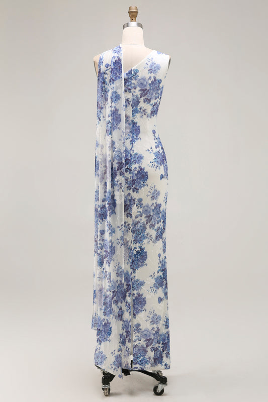 Blue Floral Neck Scarf Sheath Long Bridesmaid Dress