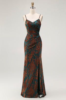 Dark Green Mermaid Spaghetti Straps Long Velvet Wedding Guest Dress with Slit