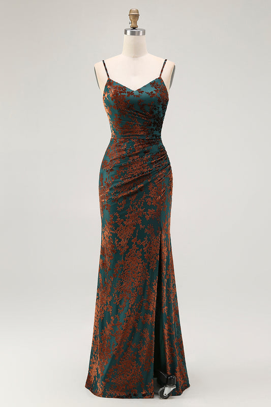 Dark Green Mermaid Spaghetti Straps Long Velvet Wedding Guest Dress with Slit