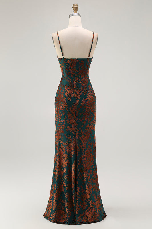 Dark Green Mermaid Spaghetti Straps Long Velvet Wedding Guest Dress with Slit