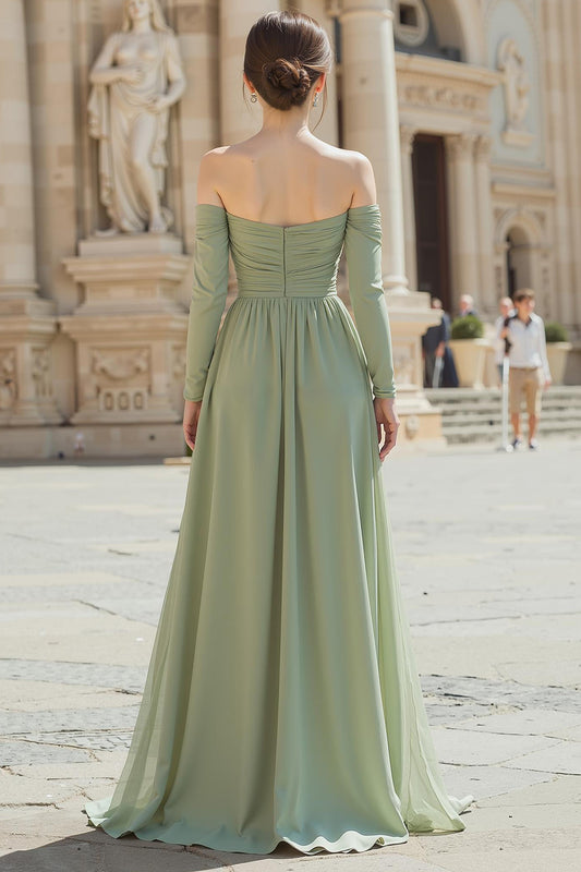 Sage Green Off the Shoulder Chiffon A-Line Long Bridesmaid Dress with Sleeves