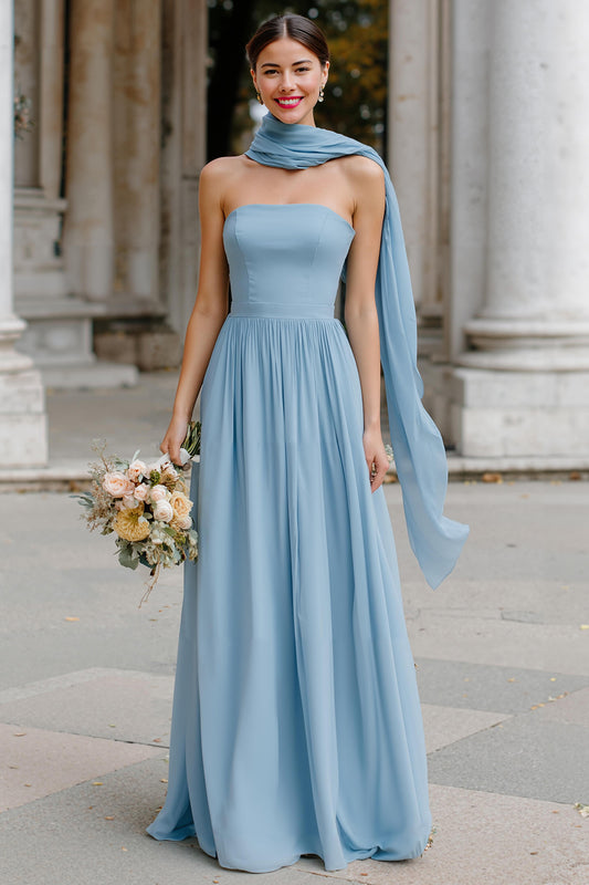 Dusty Blue Strapless Neck Scarf Chiffon A-Line Long Bridesmaid Dress