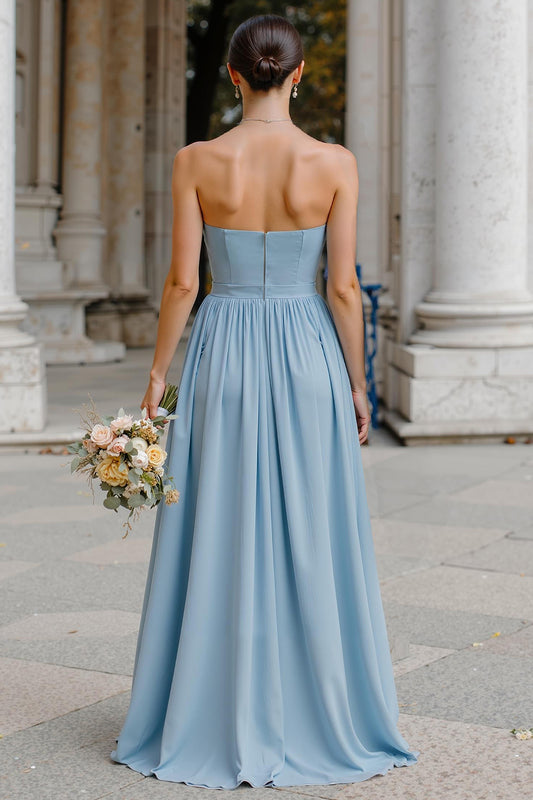 Dusty Blue Strapless Neck Scarf Chiffon A-Line Long Bridesmaid Dress