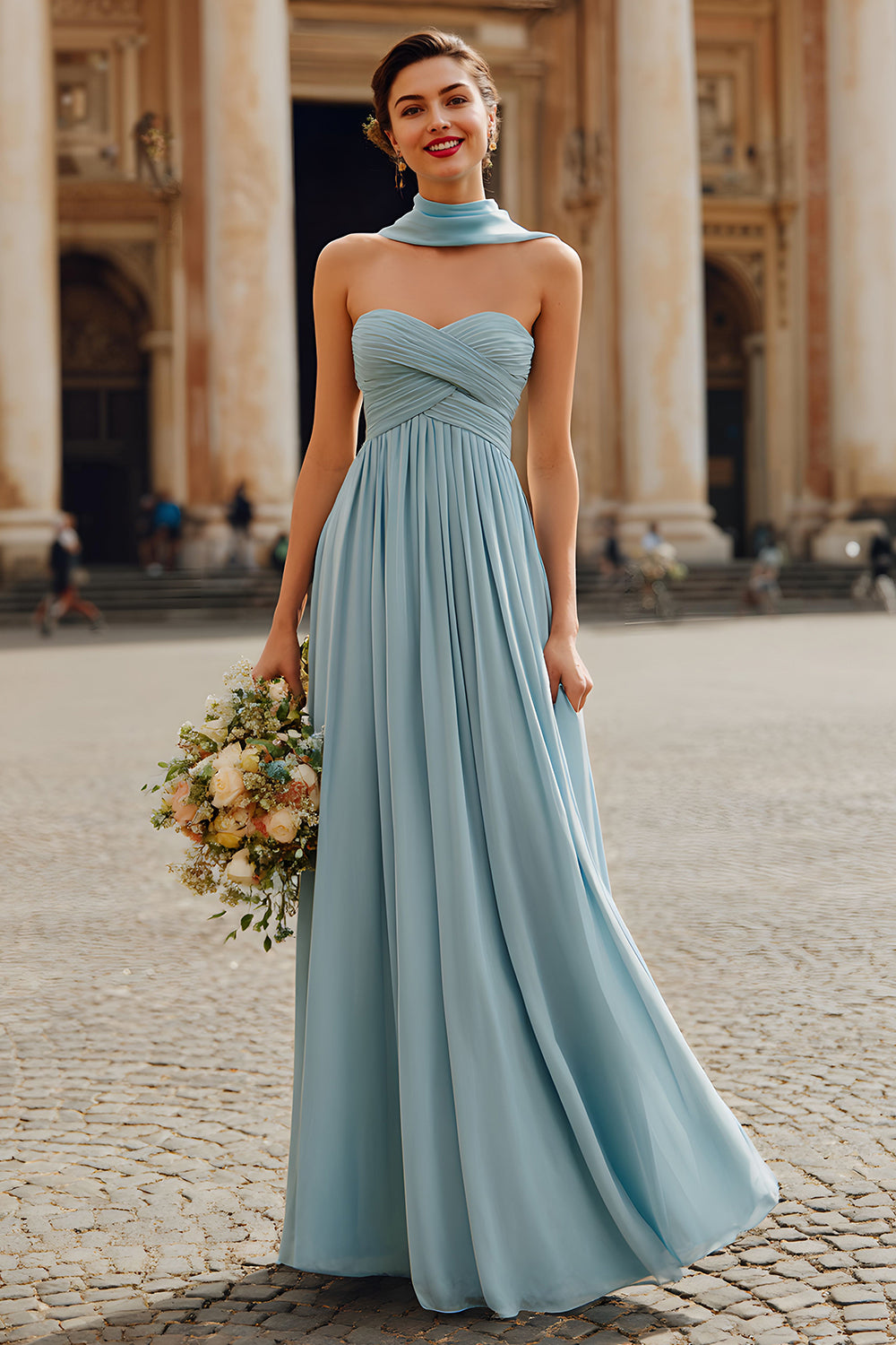 Zapaka Women Dusty Blue A Line Long Bridesmaid Dress Ruched Chiffon Strapless Scarf Pleated Wedding Guest Dress, Grey Blue / US24W
