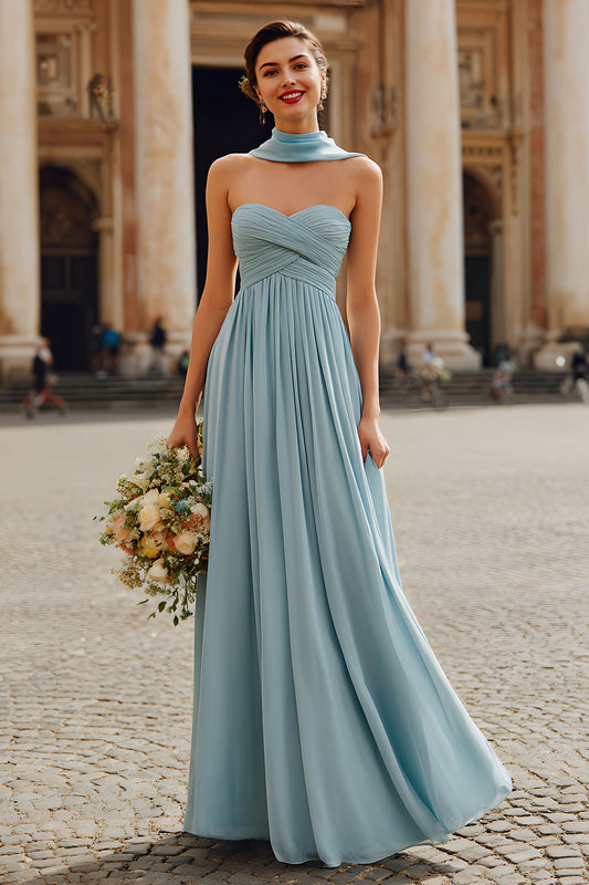 Dusty Blue Sweetheart Chiffon Ruched A-Line Long Bridesmaid Dress