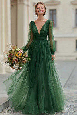 Dark Green V-Neck Tulle A-Line Long Bridesmaid Dress with Sleeves