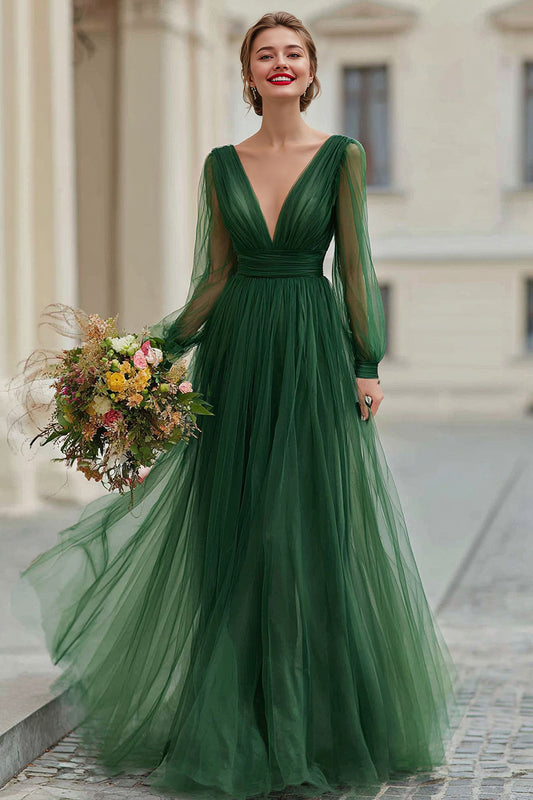 Dark Green V-Neck Tulle A-Line Long Bridesmaid Dress with Sleeves
