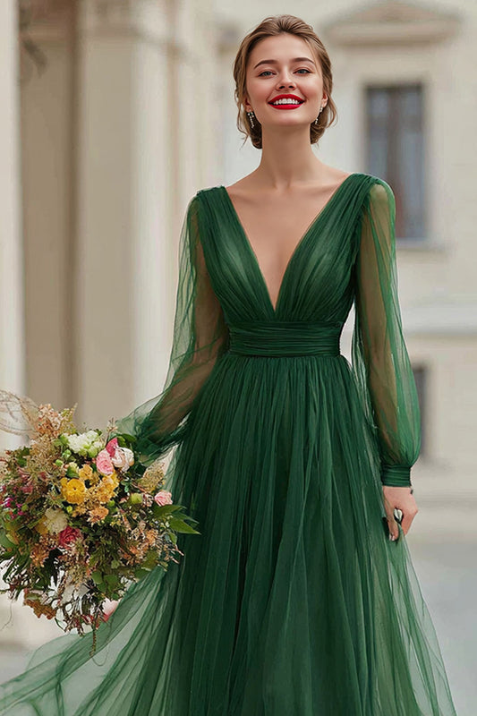 Dark Green V-Neck Tulle A-Line Long Bridesmaid Dress with Sleeves