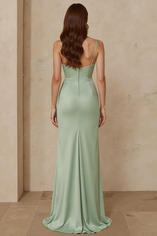 Dusty Sage Spaghetti Straps Satin Mermaid Long Bridesmaid Dress with Slit