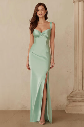 Dusty Sage Thick Straps Satin Mermaid Long Bridesmaid Dress with Slit