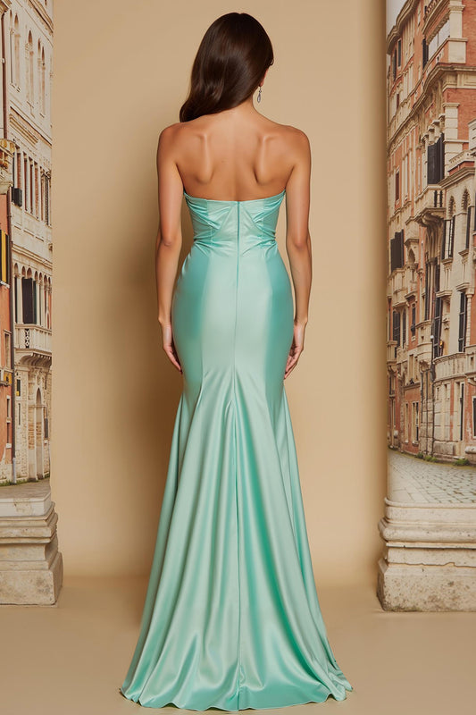 Mint Green Sweetheart Satin Mermaid Long Bridesmaid Dress with Slit