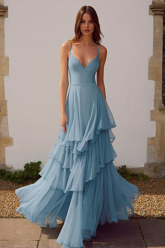 Dusty Blue Spaghetti Straps Chiffon Ruffled A-Line Long Bridesmaid Dress