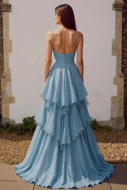 Dusty Blue Spaghetti Straps Chiffon Ruffled A-Line Long Bridesmaid Dress