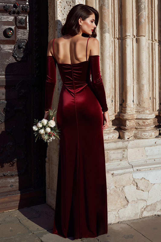 Burgundy Cold Shoulder Velvet Sheath Long Bridesmaid Dress with Sleeves