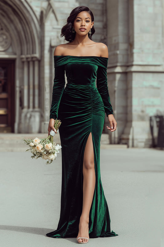 Pine Green Off the Shoulder Velvet Mermaid Long Bridesmaid Dress with Slit