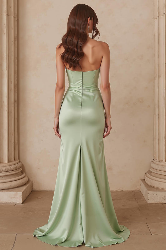 Dusty Sage Sweetheart Satin Mermaid Long Bridesmaid Dress with Slit