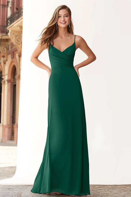 Dark Green Spaghetti Straps Chiffon A-Line Long Bridesmaid Dress