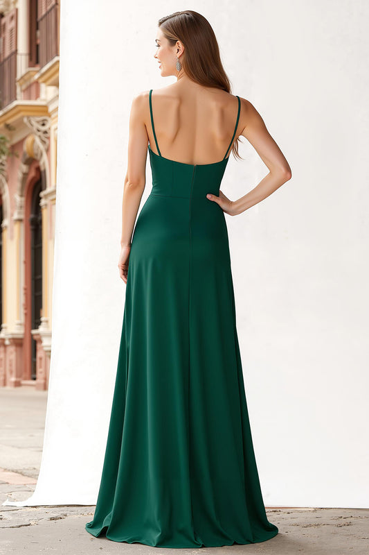 Dark Green Spaghetti Straps Chiffon A-Line Long Bridesmaid Dress