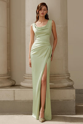 Dusty Sage Square Neck Satin Mermaid Long Bridesmaid Dress with Slit